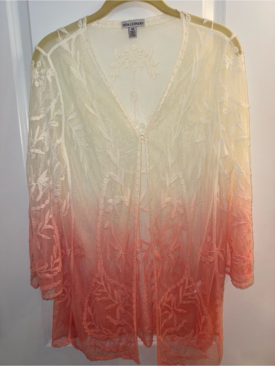 Nina Leonard Tops - Nina Leonard Cream to Coral Ombre Embroidered Sheer Kimono